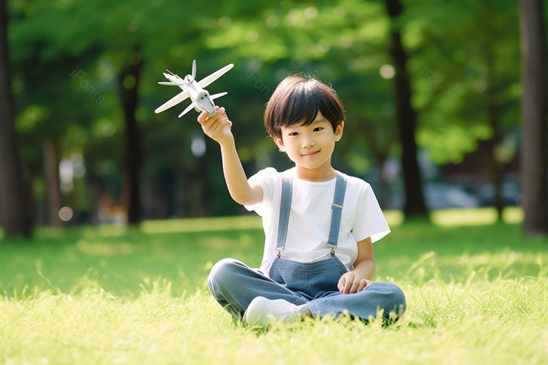 举起飞机模型的小男孩野外郊游休闲实拍摄影图,高清,摄影图,摄影图片,图片大全,摄影图免费下载